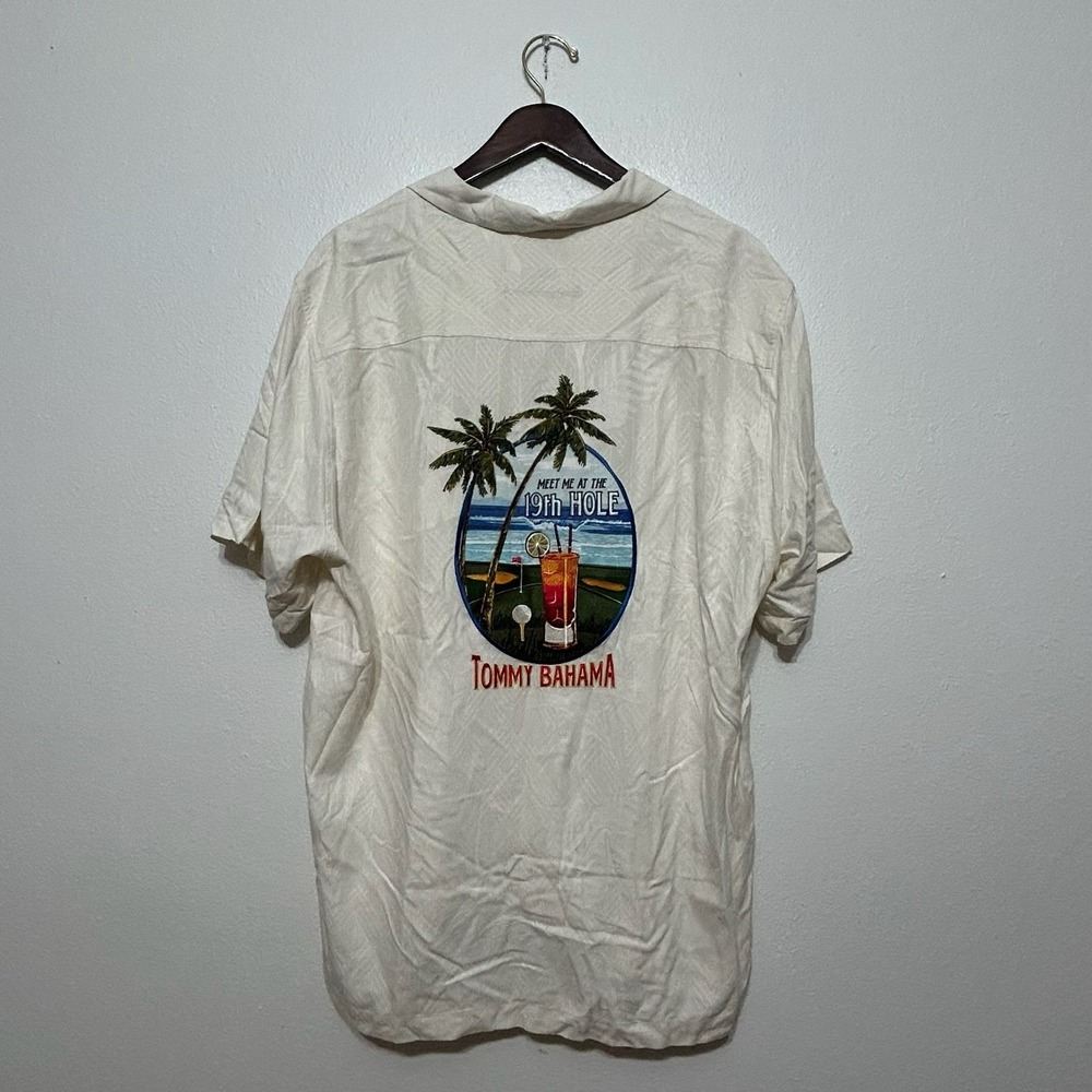 Tommy Bahama Meet Me At The 19th Hole Button Up Camp Shirt Men Size XL 100% Silk
